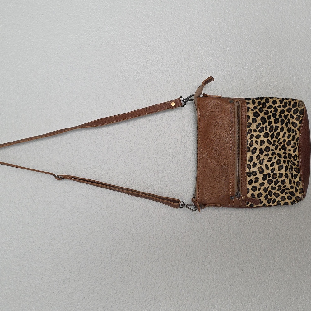 Myra Bag Dynamic Leopard Print Hairon Crossbody Bag Purse With Brown Leather